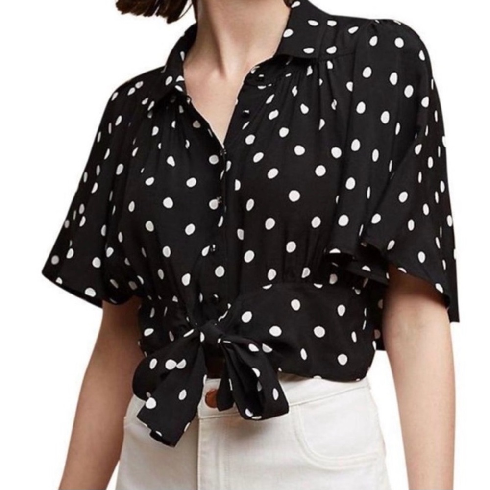 Anthropologie Black and White Polka Dot Tie-Front Blouse